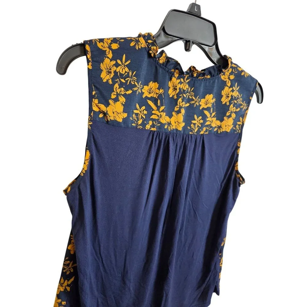 Market & Spruce Floral Sleeveless Ruffle Blouse Navy & Yellow Womens Large - Picture 8 of 14